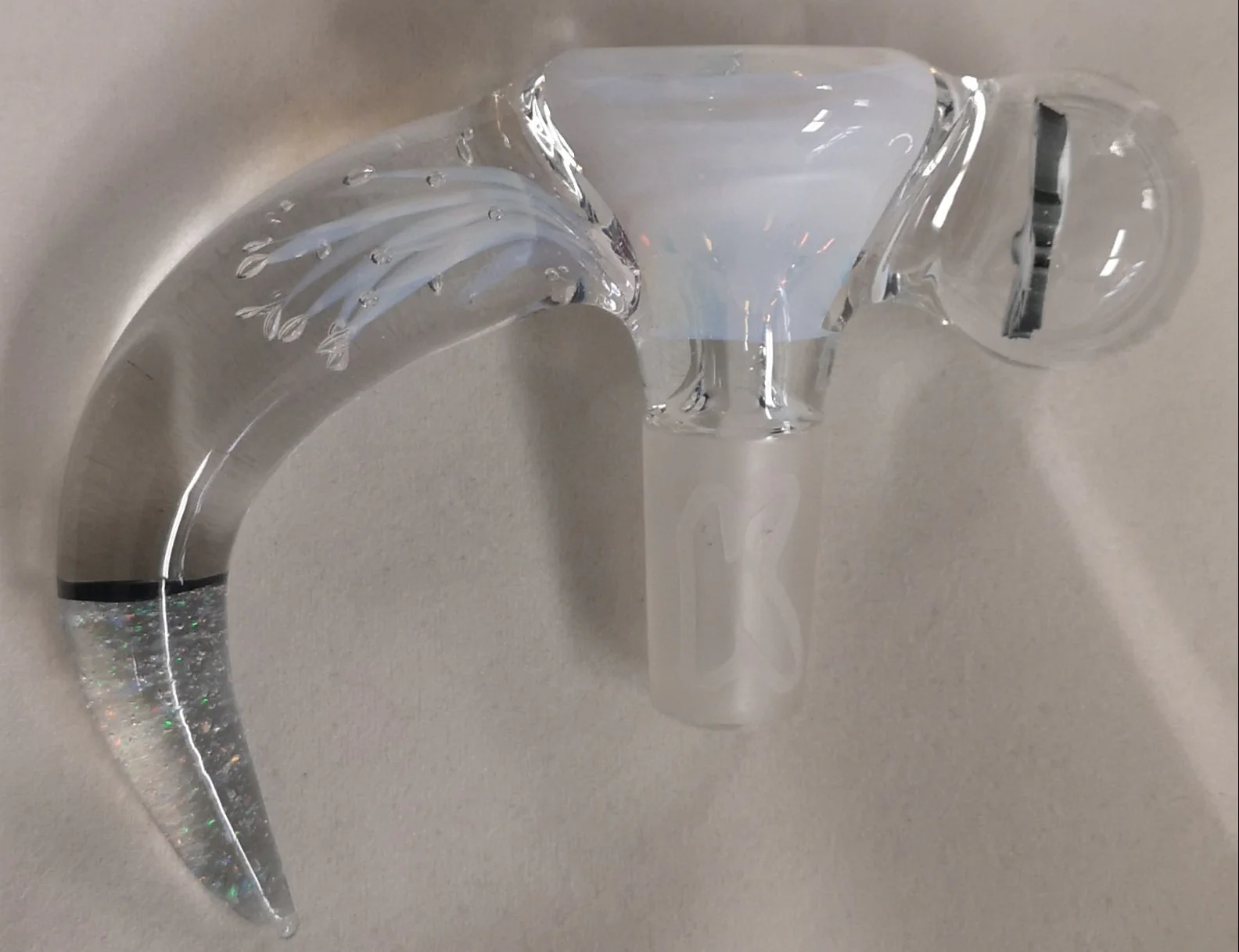 KOBB Glass - 14mm Worked Crushed Opal Horn Bowl w/ Mario Squid Ghost Marble (Blooper) (1 Hole) - White KO26