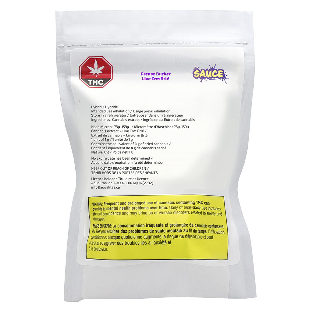 Sauce Rosin Labs - Live Crm Brlé, Grease Bucket, 73µ-159µ - 1g