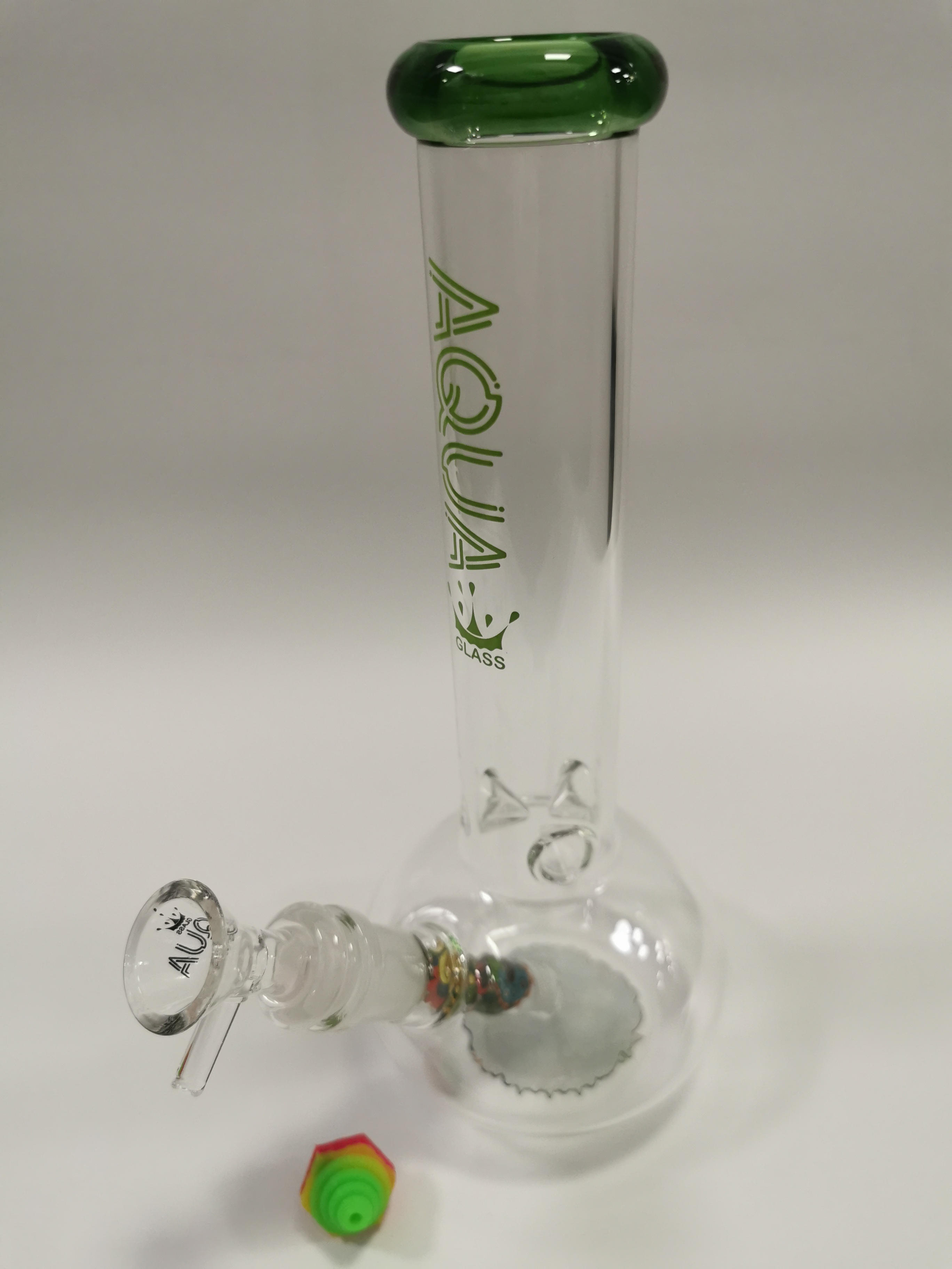 Aqua Bong - 10in Clear w/Green font Flower Stamp On Bottom