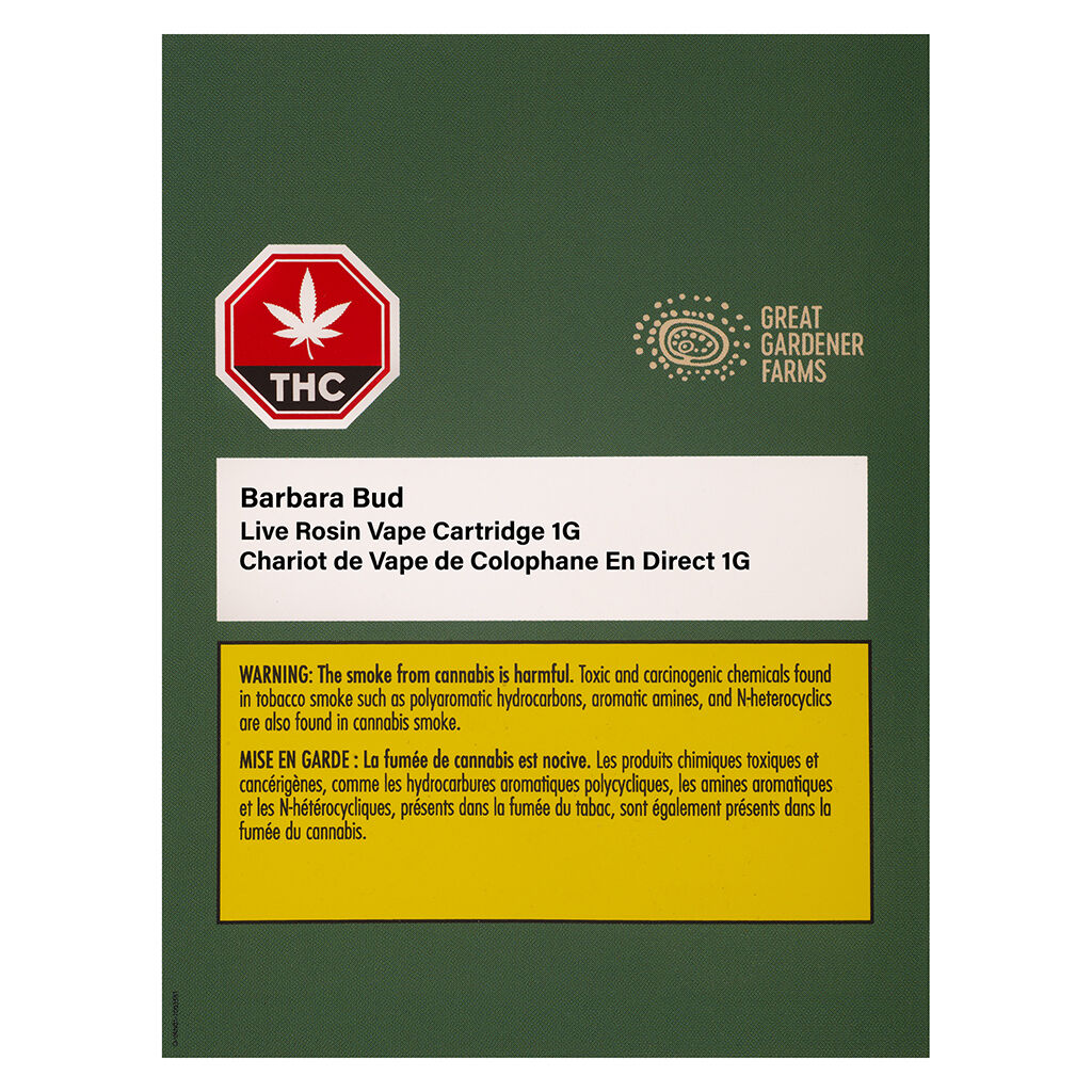 Great Gardener Farms - Barbara Bud Live Rosin 510 Thread Cartridge - Hybrid - 1g